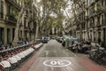 Large bicycle stand on a historic street in Barcelona